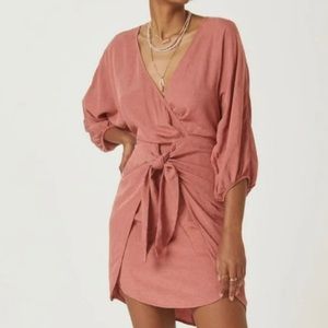 Linen plunge puff sleeve wrap Mini dress Rust Color
